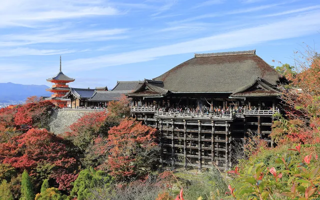 Le temple Kiyomizu-dera et sa terrasse en bois au milieu des érables rouges, à Kyoto